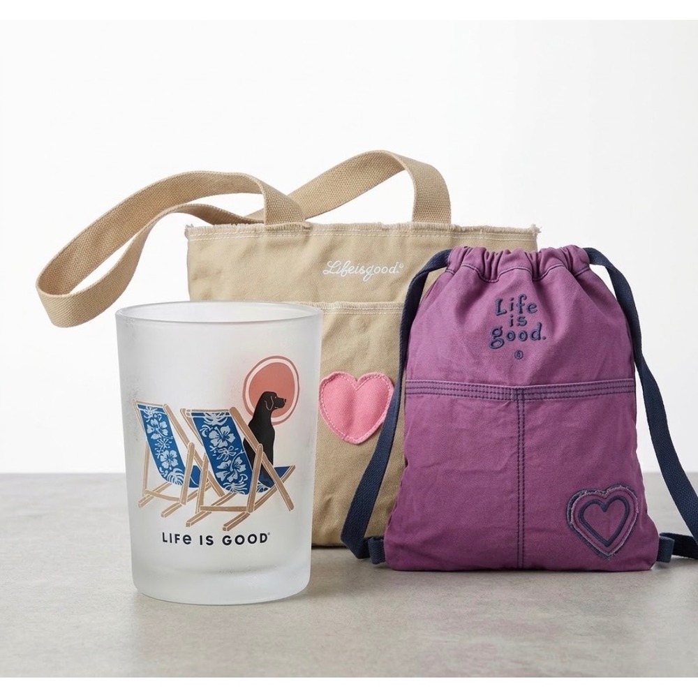 Life is Good Unisex 3pc Set OS Tan Purple Beach Tote Pouch Frosted Glass Dog